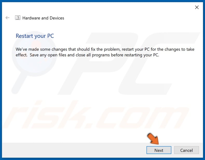 Click Next to restart