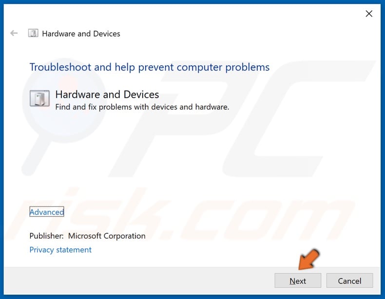Click Next to run the Hardware and Devices troubleshooter
