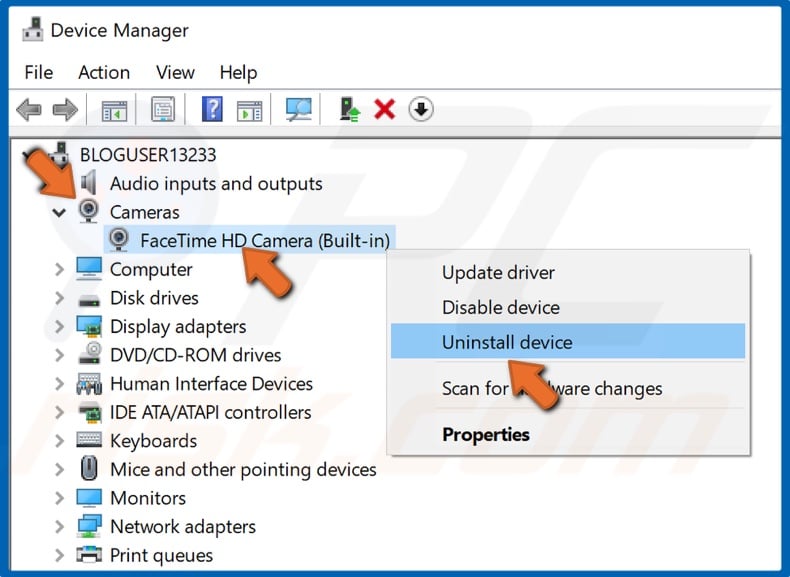 Right-click your camera and click Uninstall device
