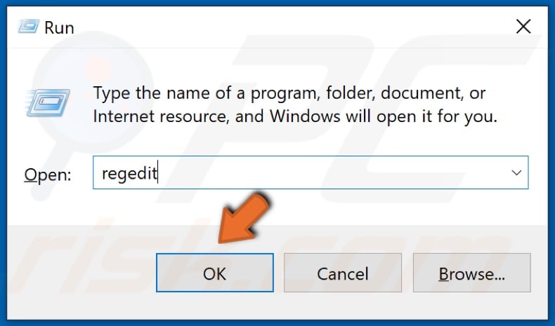 Type in regedit in the Run dialog box and click OK