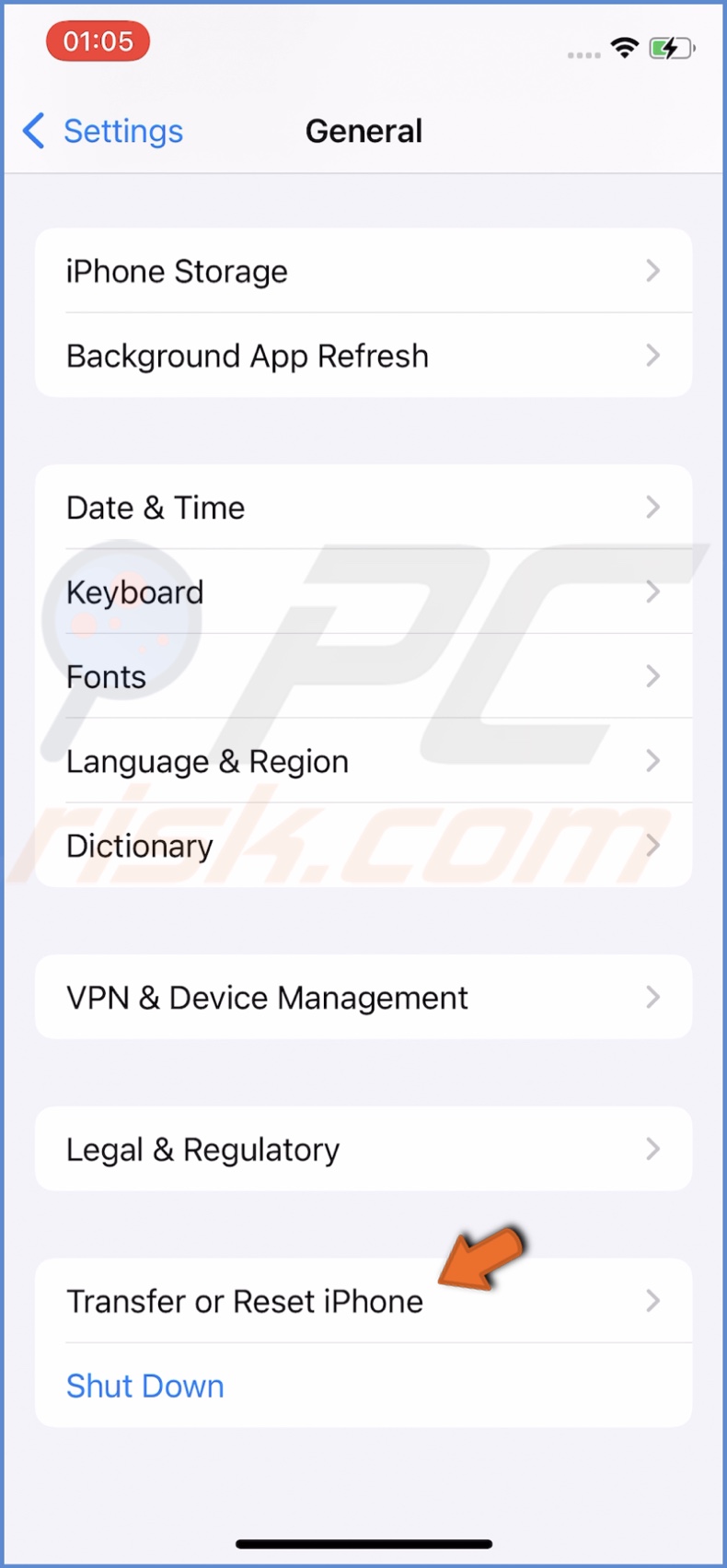 Tap on Transfer or Reset iPhone