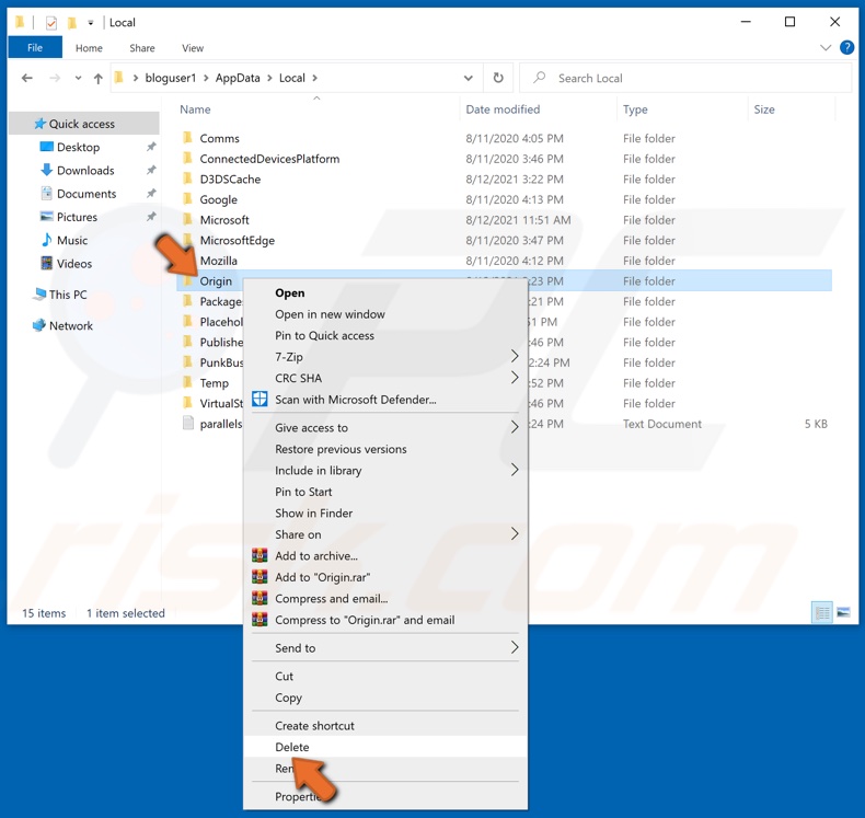 In the Local folder right-click the Origin folder and click Delete