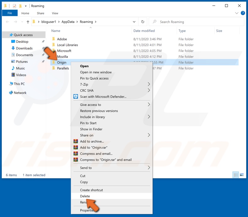 In the Roaming folder right-click Origin and click Delete