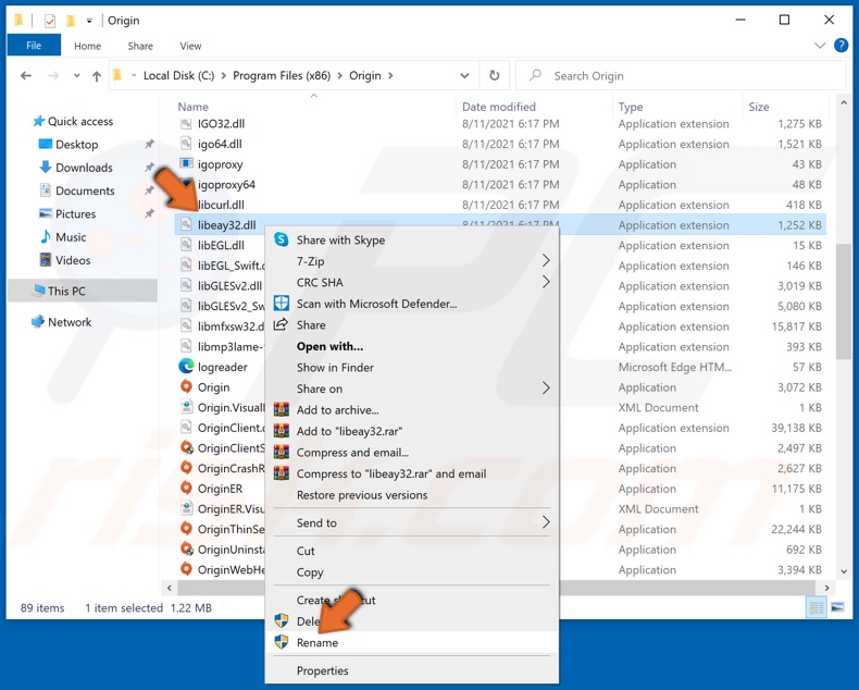 Right-click libeay32.dll and click Rename