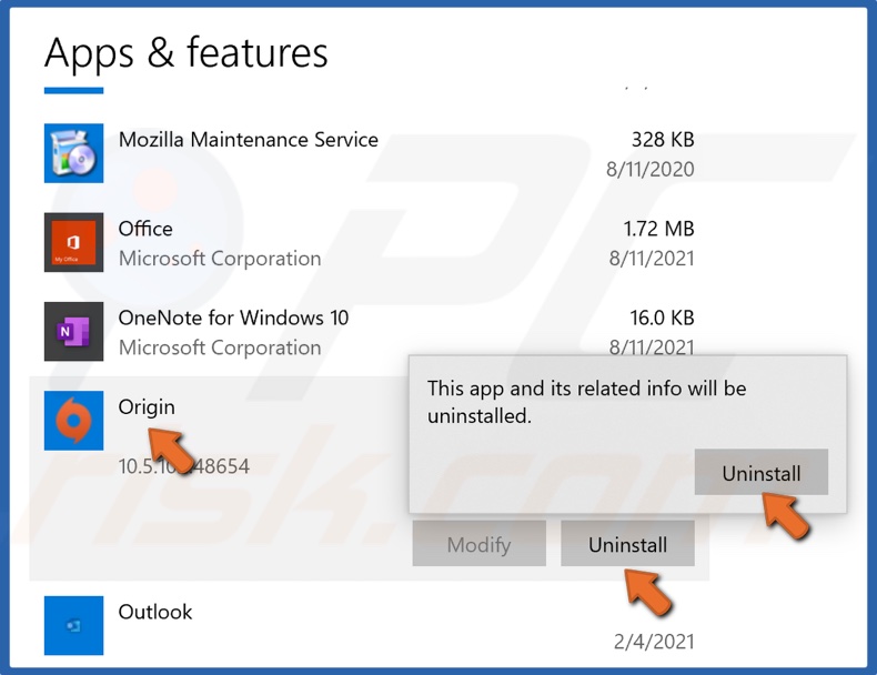 Select Origin and click Uninstall and click Uninstall again