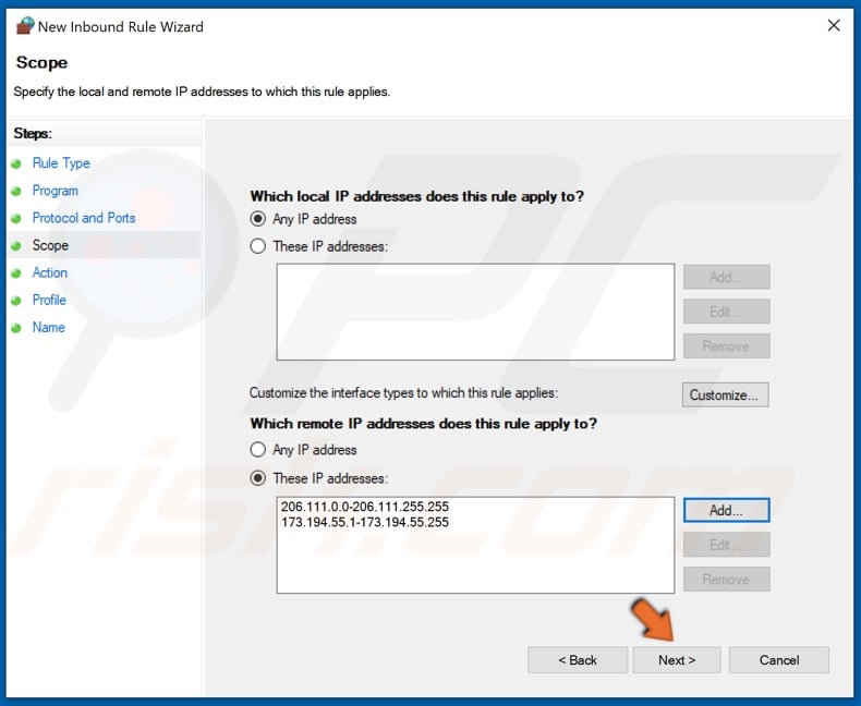 Click Next after entering IP ranges