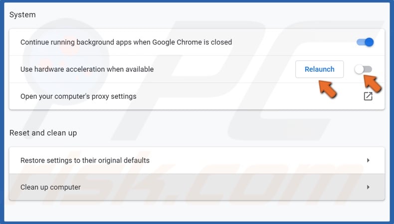 Disable hardare acceleration and click Relaunch