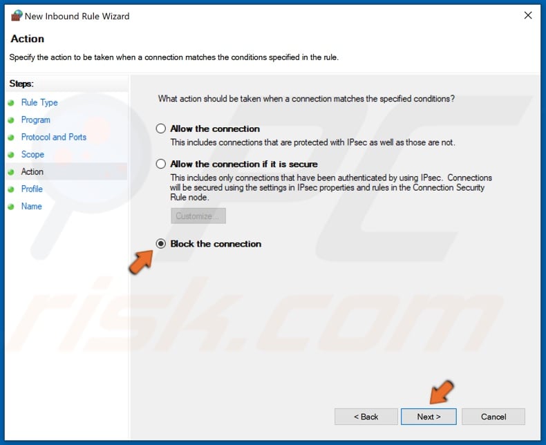 Tick Block the connection and click Next
