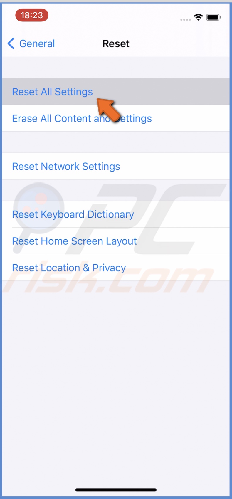 Reset all settings
