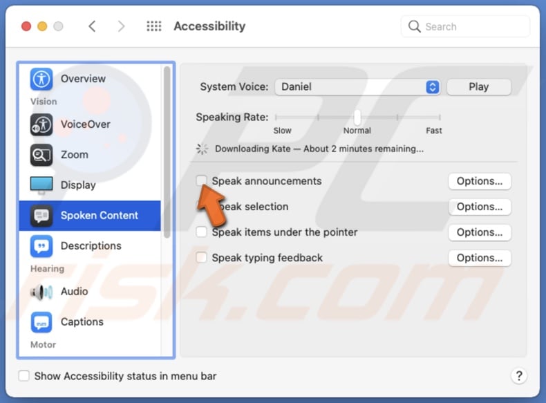 Disable Speak announcements