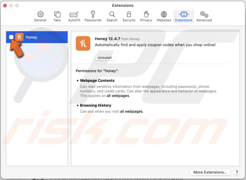 Disable extension in Safari