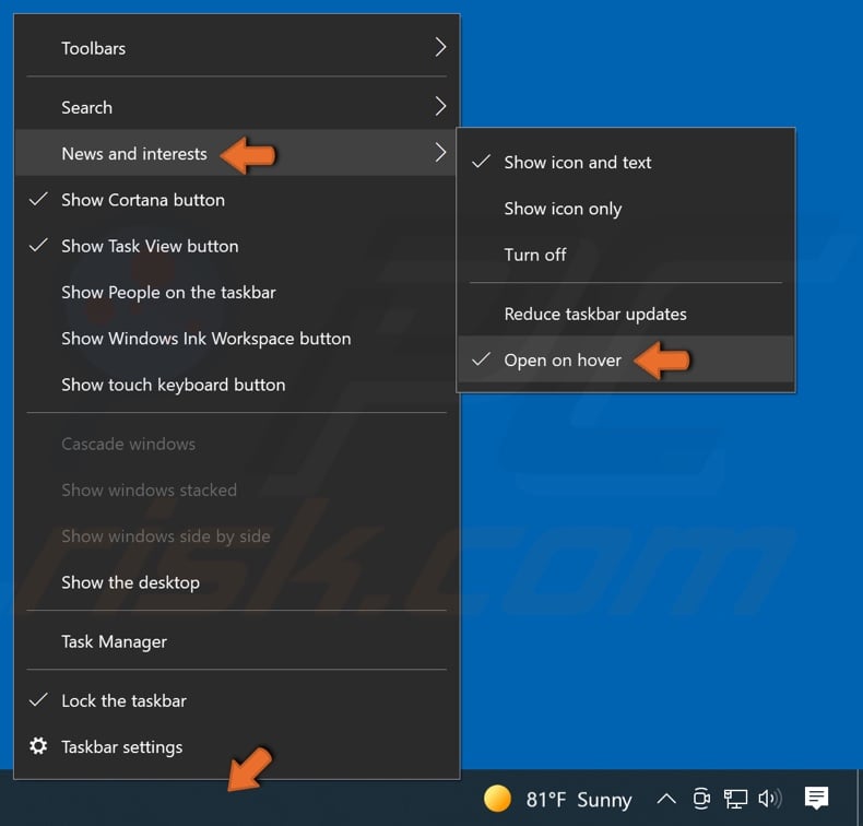 Right-click rthe taskbar, go to News and Interests and disable the Open on hover option