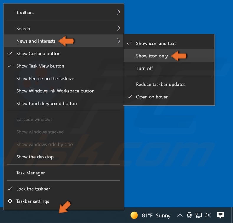 Right-click the taskbar, go to News and interests and click Show icon only