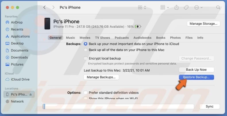 Click on Restore Backup