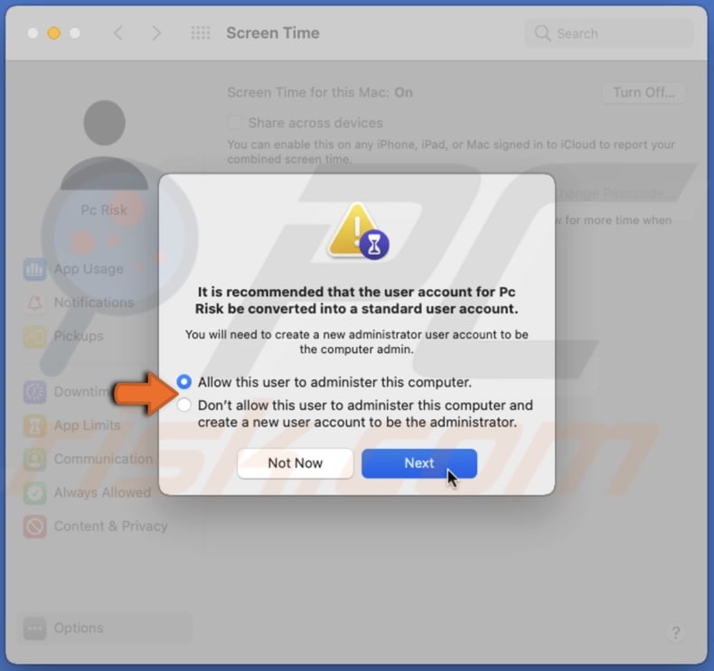 Choose if you want to remain the admin when settign up Screen Time passcode