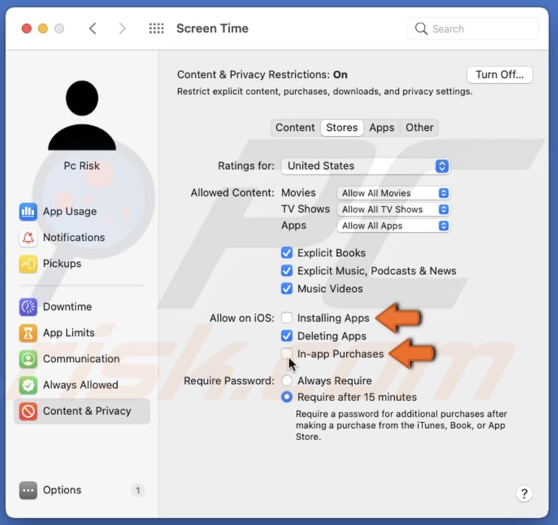Restrict app download and in-app purchases