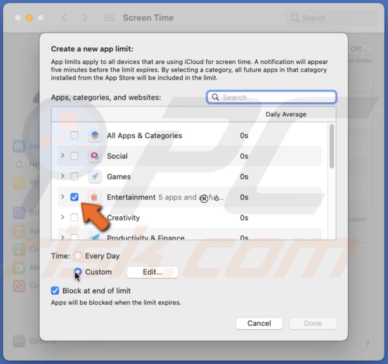 Select app category in App Limits