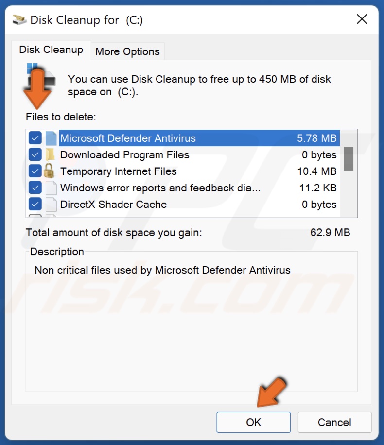 Mark the locations to delete files and click OK