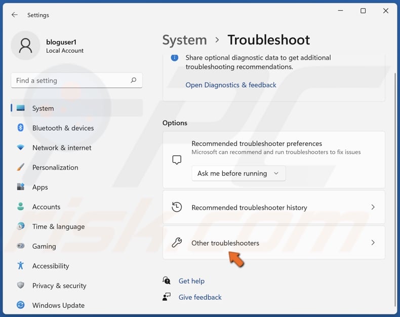 Select Other troubleshooters