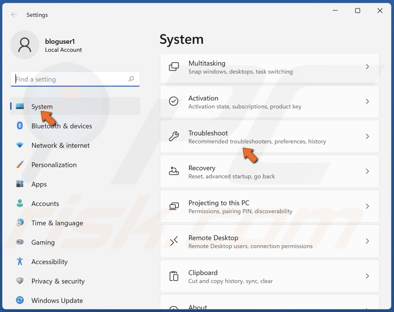 Select System and Select Troubleshoot