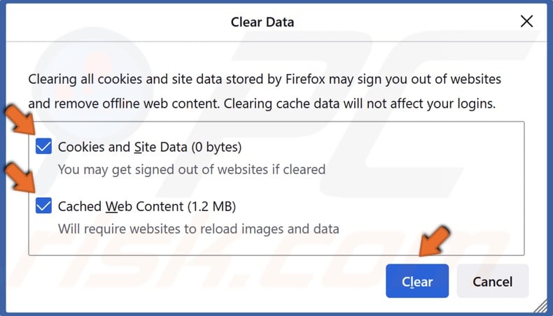 Mark Cookies and site data and Cached web content and click Clear