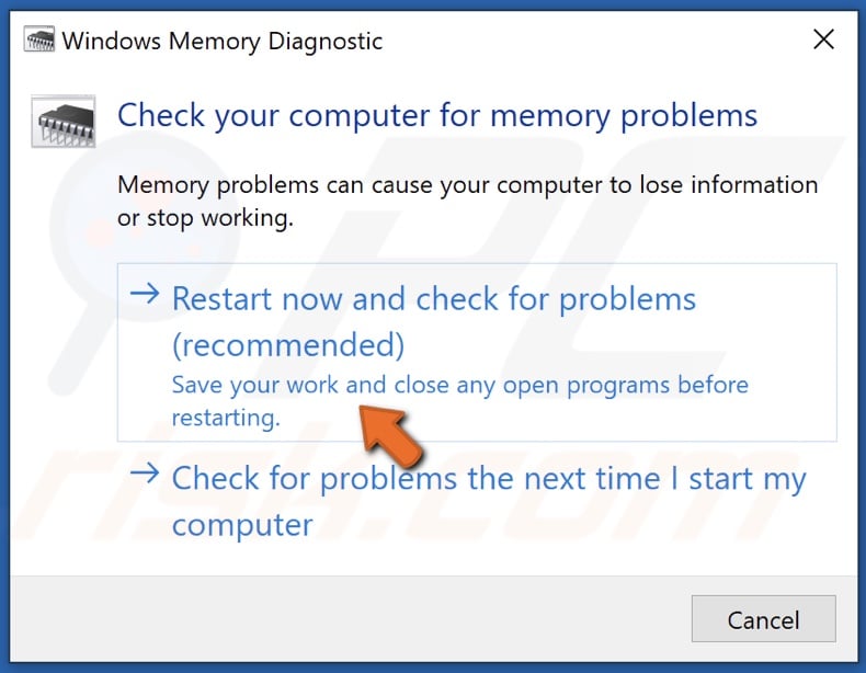 Click restart now and check for problems (recommended)