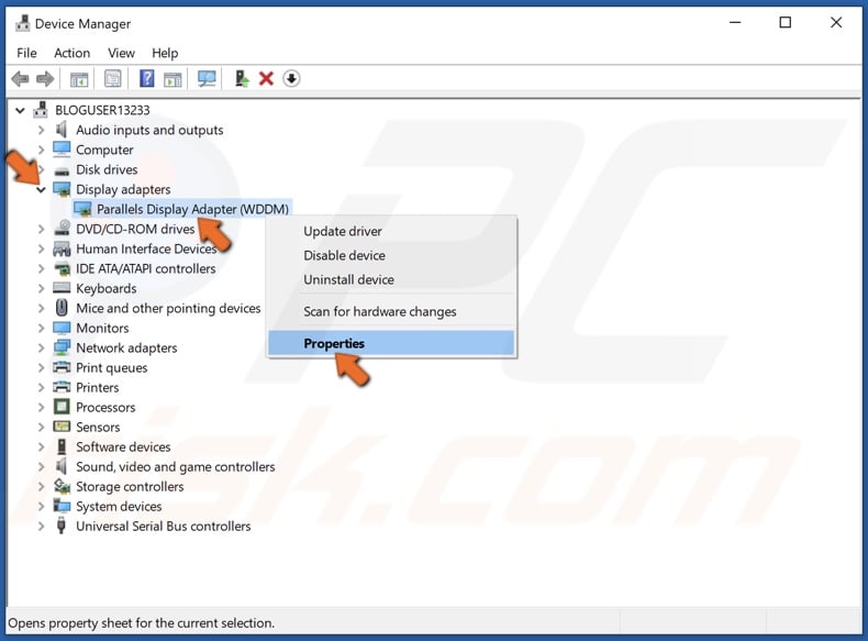Right-click the device and click Properties