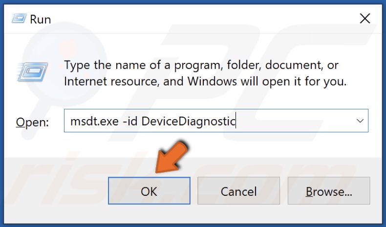 Type in msdt.exe -id DeviceDiagnostic and click OK