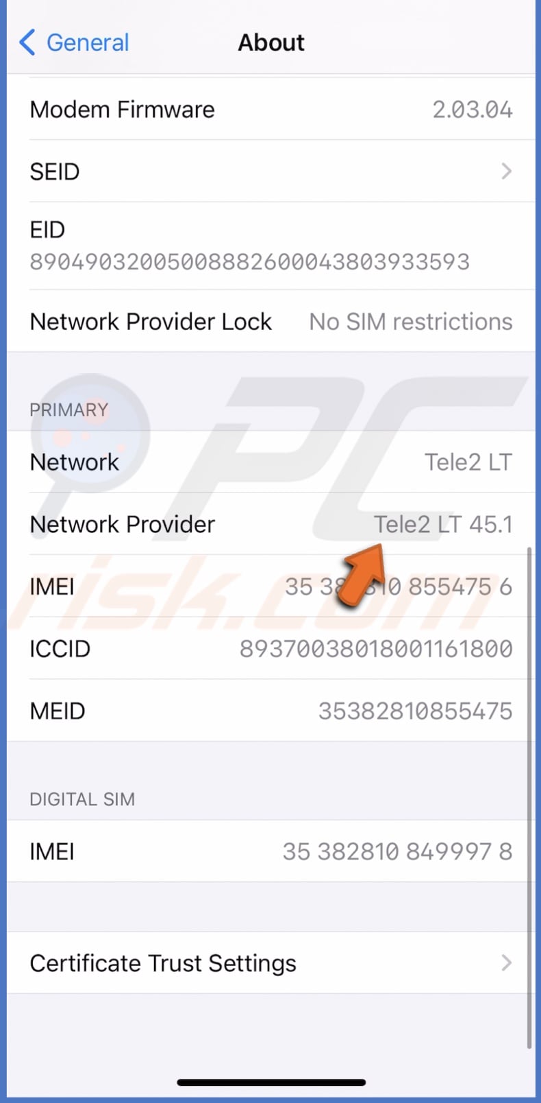 Check carrier settings update version