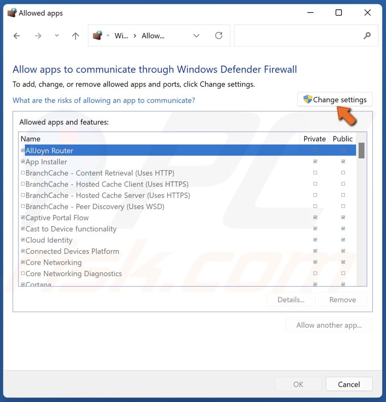 Click Change settings