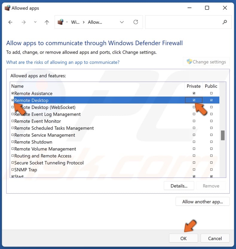 Mark the checkboxes next to Remote Desktop