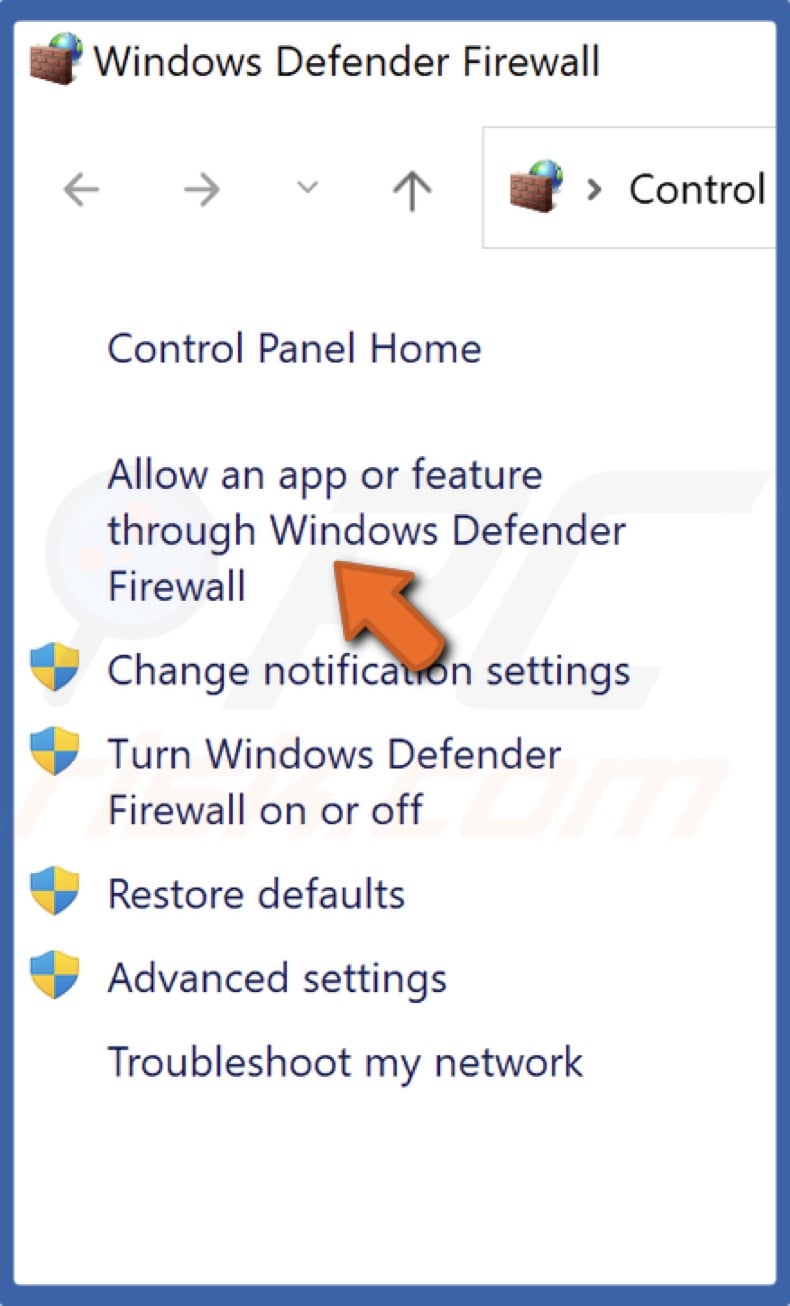 Select Allow an app or feature through Windows Defender Firewall