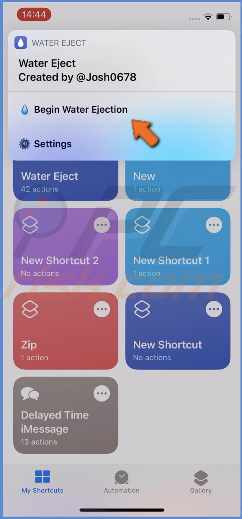 Tap on Begin Water Ejection