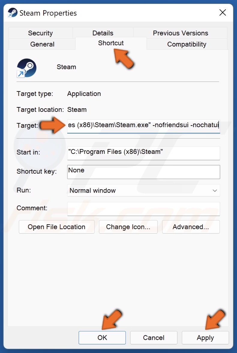 Append the target line with -nofriendsui -nochatui and click OK