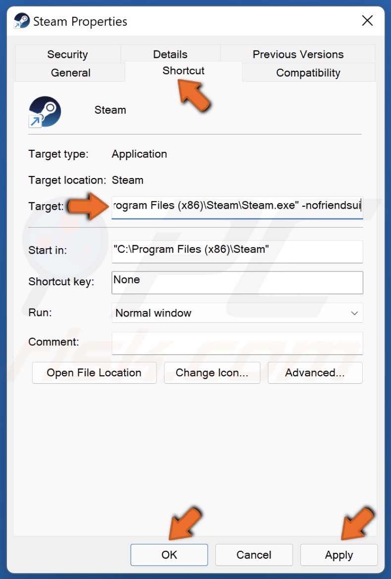 Append the Target line with -nofriendsui and click OK