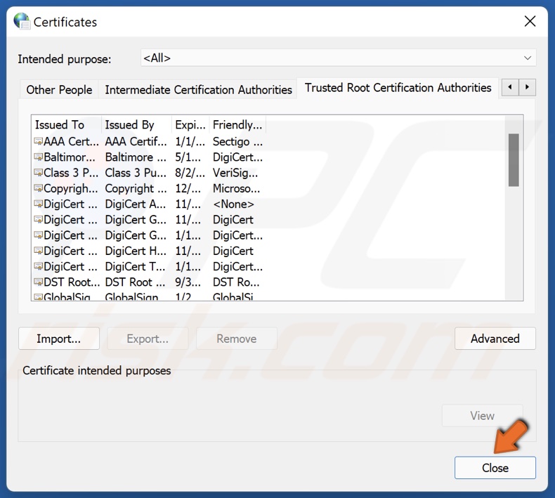 Close the Certificates window