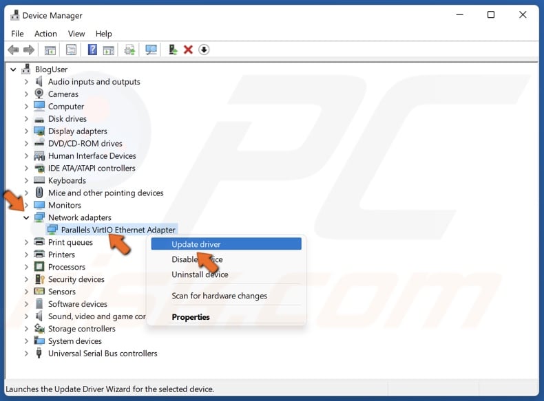 Right-click the network adapter and click Update driver