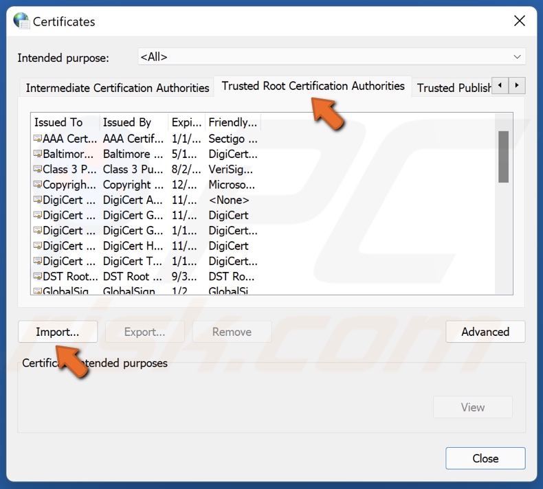 Select Trusted Root Certification Authorities