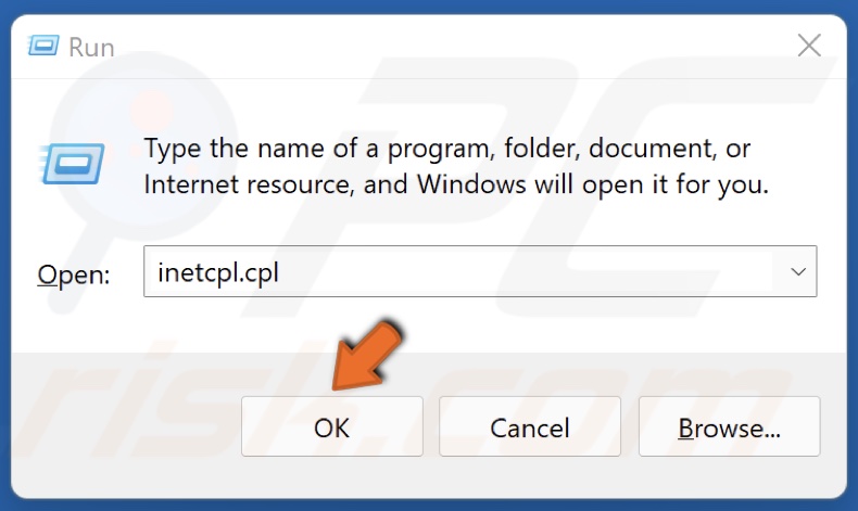 Type in inetcpl.cpl and click OK
