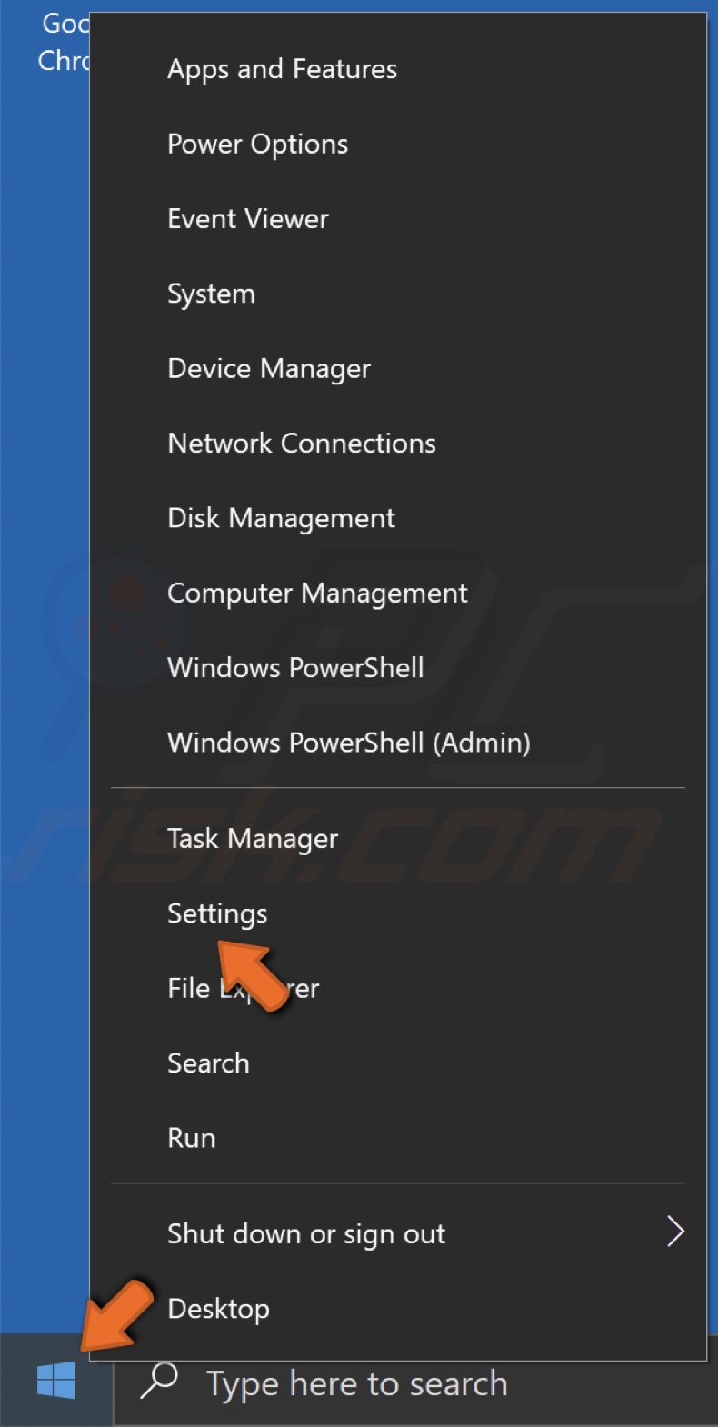 Right-click Start and click Settings
