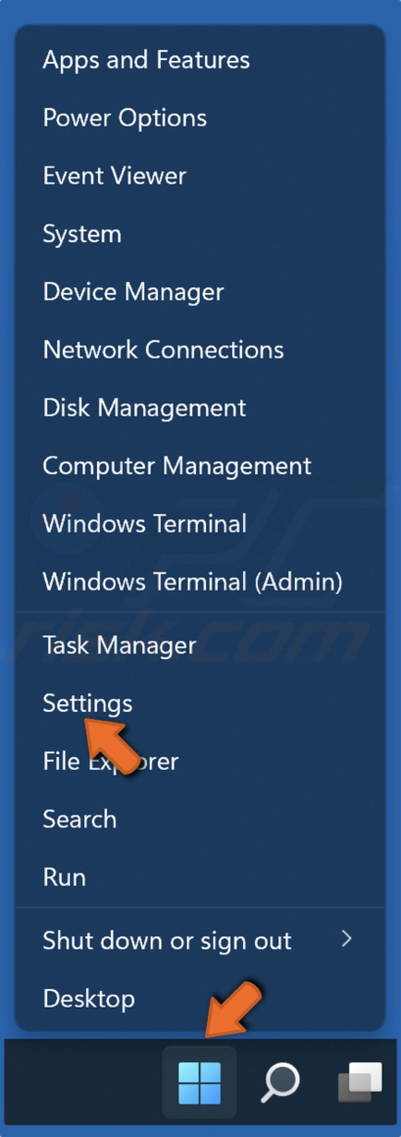 Right-click Start and click Settings