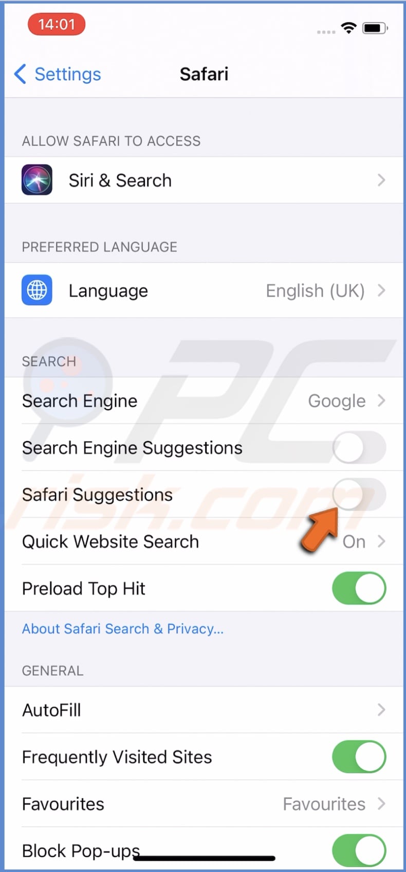 Disable Safari suggestions