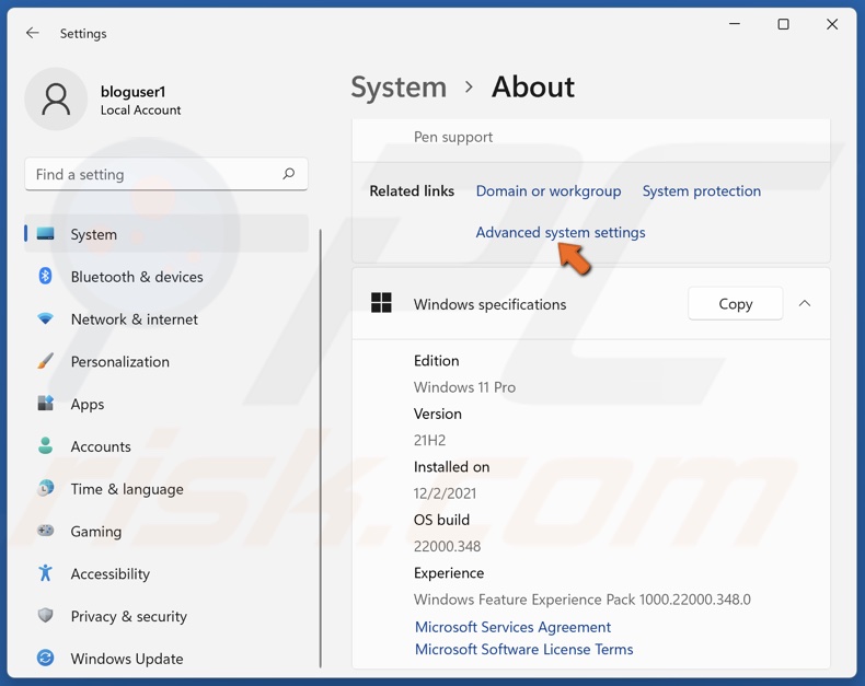 Click Advanced system settings