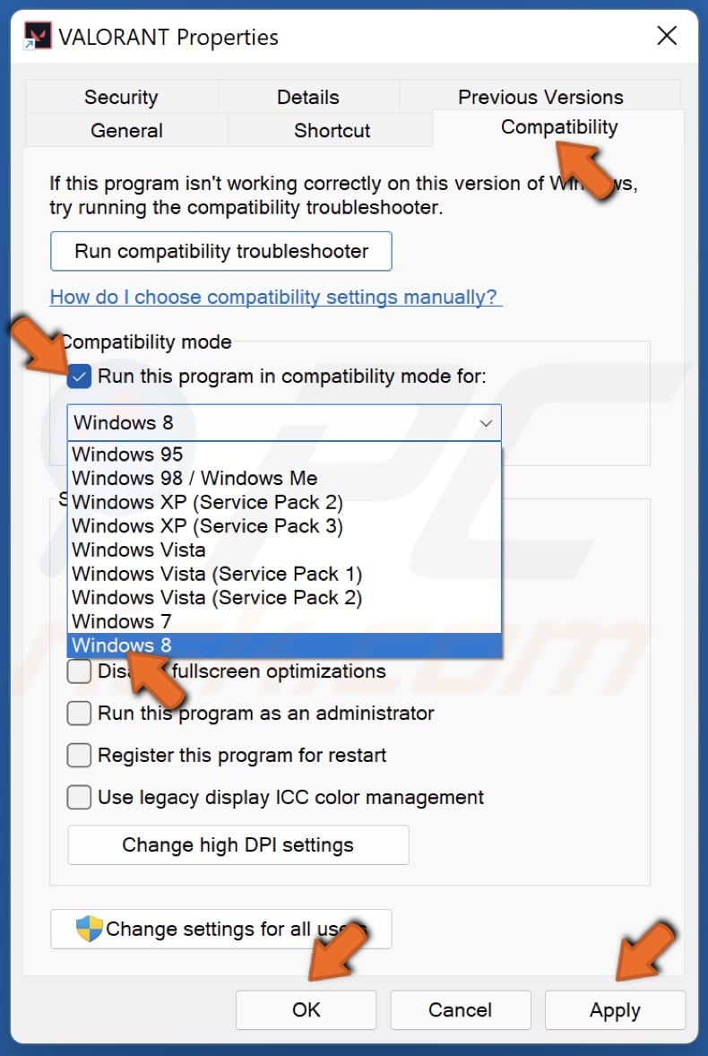 Mark the Run this program in compatibility mode for checkbox and click OK