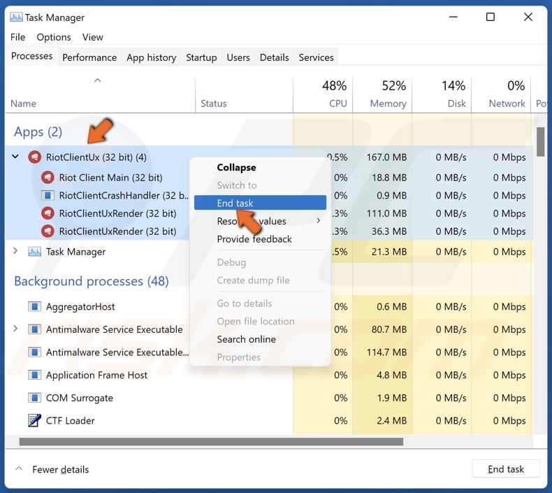 Right-click all Riot-related processes and click End task