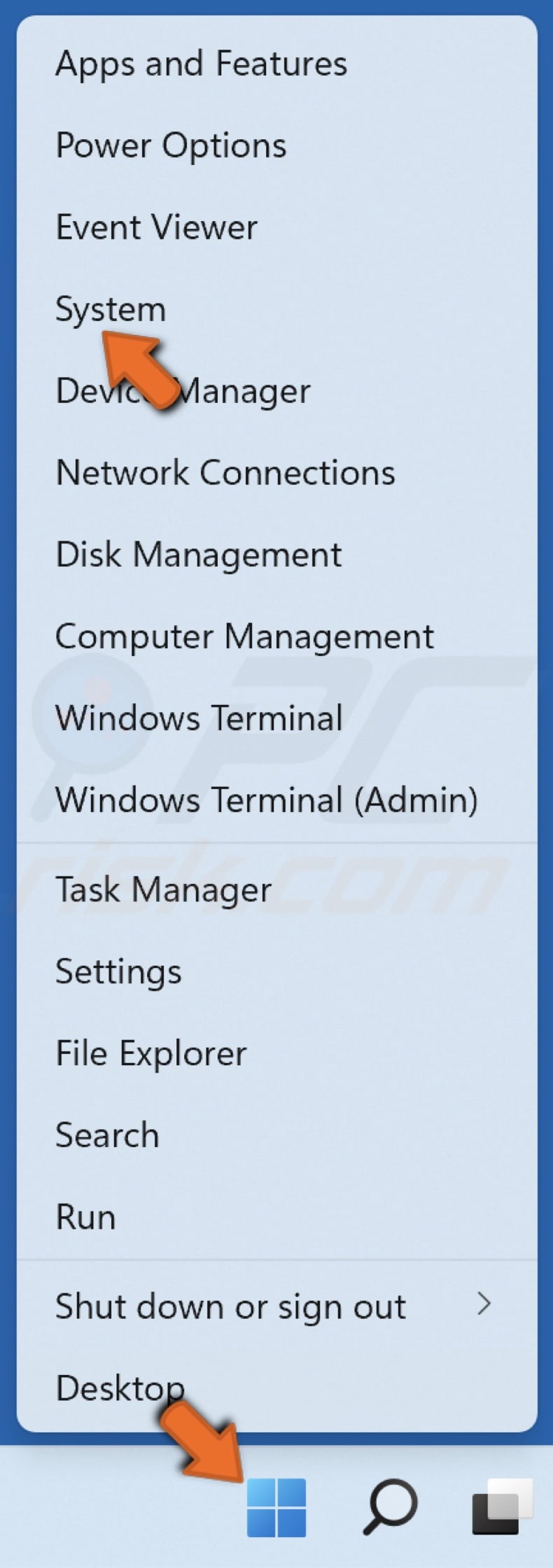 Right-click the Start menu button and click System