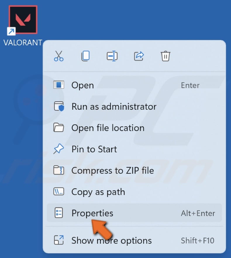 Right-click the Valorant shortcut and click Properties