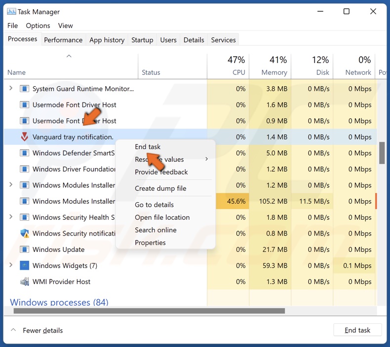 Right-click Vanguard-related processes and click End task