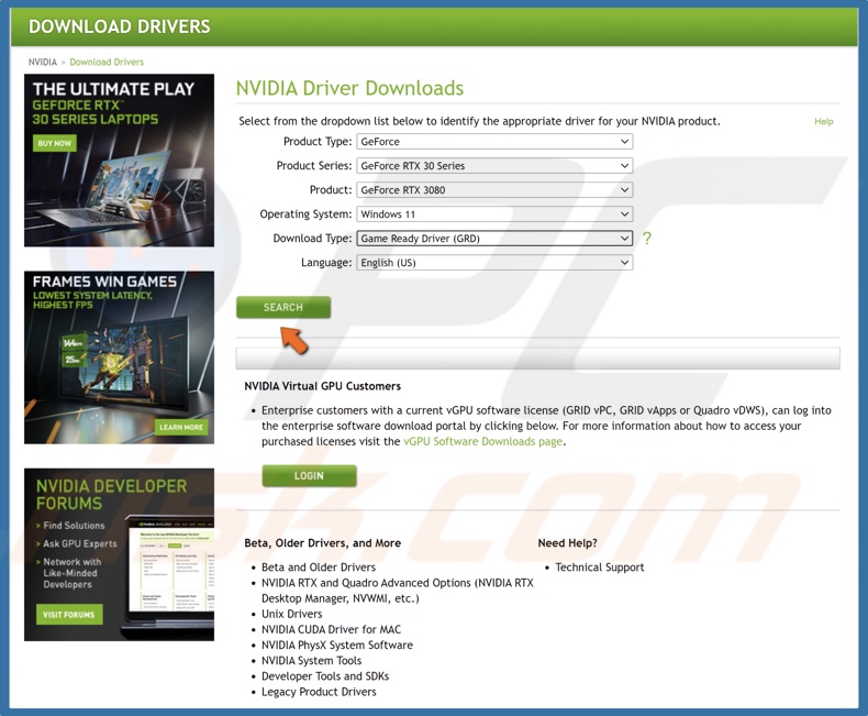 Select Nvidia GPU model and click Search