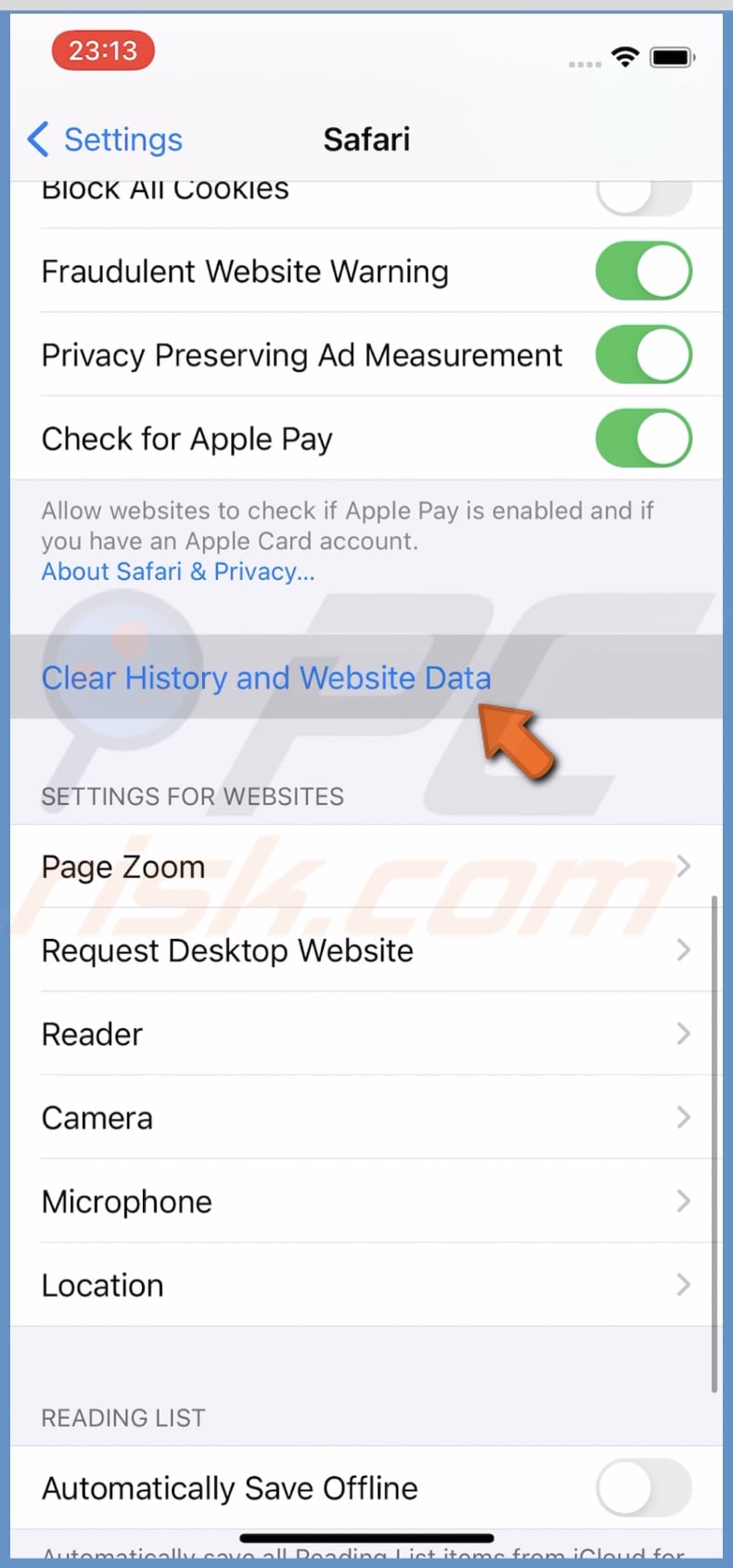 Clear History and Website Data